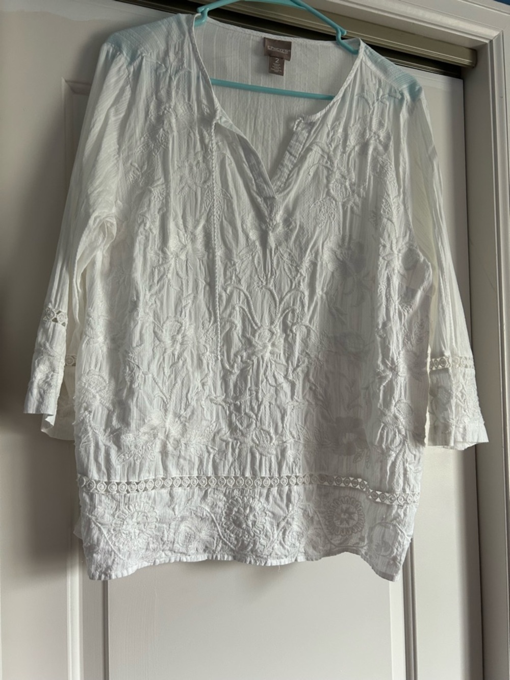 Chico's White Embroidered V-Neck Tunic